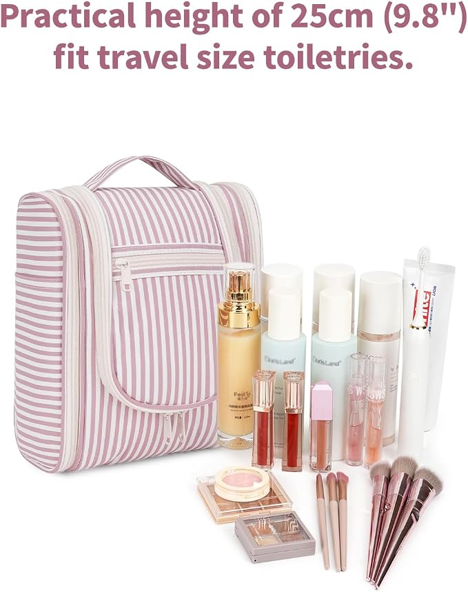 Narwey Small Striped Hanging Travel Toiletry Bag for Women, Travel Bag for Toiletries, Makeup Bag Organizer Cosmetic Bags Make Up Bags for Women (Dusty Rose Stripe) - Image 5
