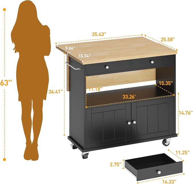 Rolling Kitchen Island with Folding Drop Leaf Breakfast Bar, 35.4'' W Kitchen Cart with Storage Cabinet and 2 Drawers, Portable Mobile Kitchen Island Table with Towel Rack, Lockable Wheels, Black - Image 2
