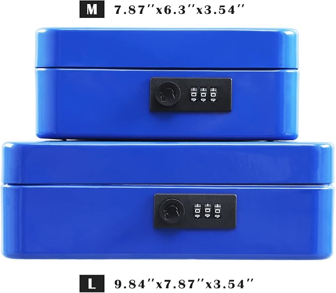 xydled Steel Cash Box Safe with Combination Lock,Money Safe Box with Removable Coin Tray,Medium,7.87"x 6.30"x 3.54",Blue - Image 7