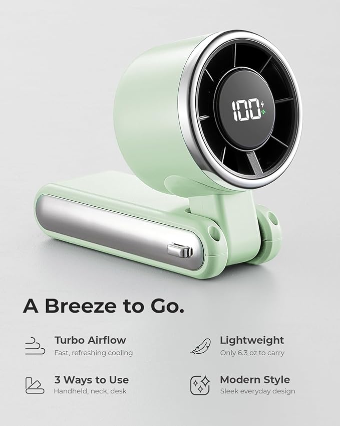 Portable Handheld Turbo Fan - 5 Gear High Speed 4000mAh Rechargeable Mini Personal Hand Fan Blow Cold Air, Battery Operated Travel Essentials, Beach Vacation, Gifts for Women, Men (Green) - Image 2