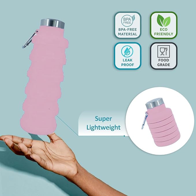 Collapsible Water Bottles 17oz, Odorless BPA-Free Silicone, Leak-Proof Foldable Reusable Bottle - Perfect for Travel Sports Gym Hiking Camping Cycling - Soft Pink - Image 4