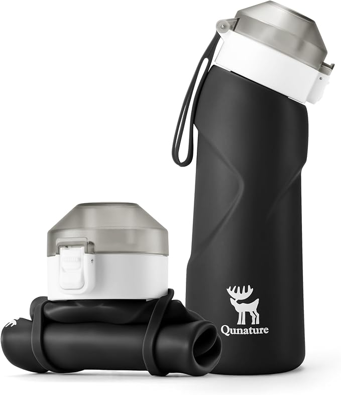 Quanture Collapsible Water Bottle 24oz (700mL), Foldable Silicone Travel Water Bottle, Leakproof & BPA-Free, with Wide Mouth & Carry Strap for Hiking, Camping, Outdoor, Black by QUNATURE