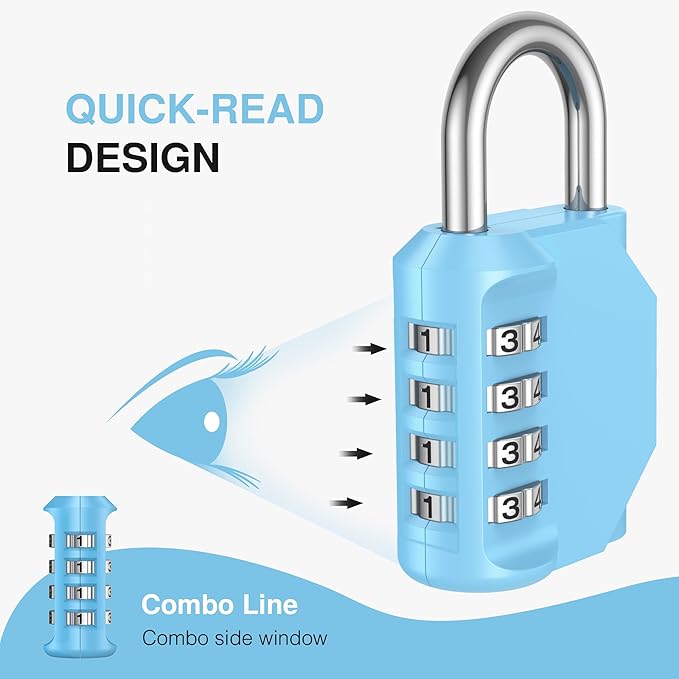 Puroma 1 Pack Combination Lock Locker 4 Digits Combo Padlock Gym Sky Blue | For School Gate Fence Toolbox Hasp Storage, Outdoor, Resettable, Weatherproof, Side Window, Crack Cut Resist, Hardened Steel - Image 4