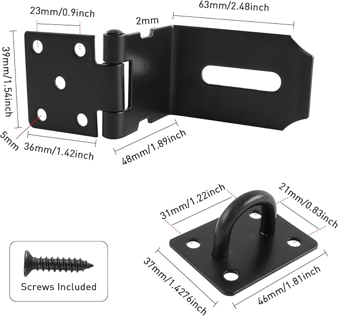 HOWDIA 4 Inch Door Lock Latch Padlock Hasp Set, 90° Latch Lock with Screws and Padlock Stainless Steel Safety Right Angle Padlock Hasp Latch Security Door Clasp Hasp for Shed/Gate/Storage Lock(Black) - Image 2