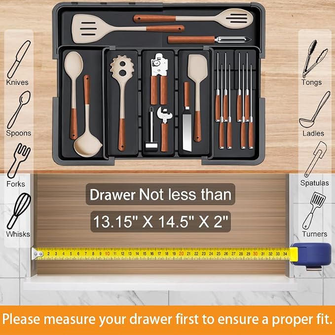 Large Utensil Drawer Organizer for Kitchen, Expandable Silverware Organizer Utensil Holder, Cutlery and Flatware Cooking Tray, Kitchen Drawer Organizers and Storage with Removable Knife Block, Black - Image 6