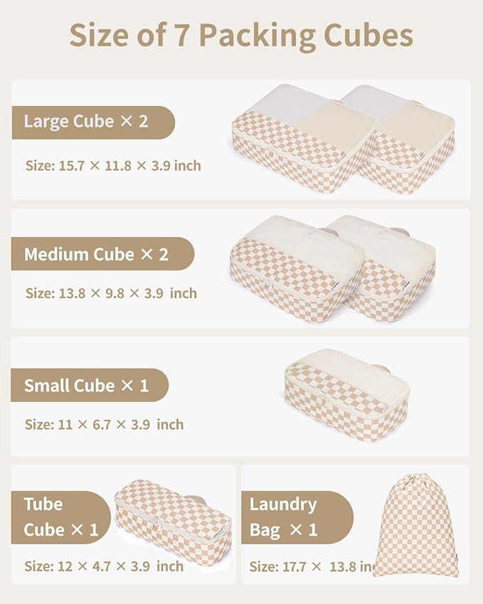 Narwey 7 Set Checkered Packing Cubes for Travel Carry on Suitcase Luggage Organizer Bags for Kids Women Men, Durable Packing Organizers Bag, Travel Essentials Accessories (Light Checkerboard) - Image 3
