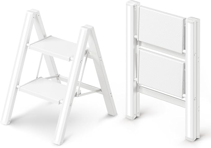2 Step Ladder, Foldable Aluminum Step Stool with Anti-Slip Pedal | Lightweight yet Sturdy, Portable, Non Slip Feet, 300Lbs Capacity, Elegant Look, for Kitchen, Closet, Pantry, White by GameGem
