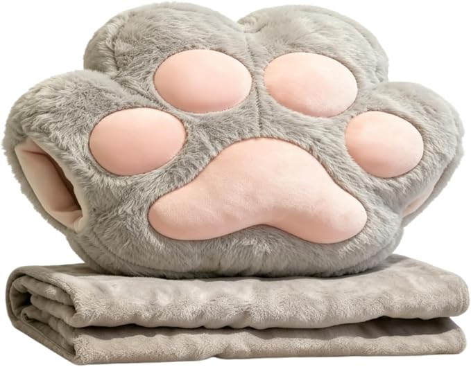 RYOLOY Cat Paw Warm Hand Pillow,with 66 * 35Inch Travel Blanket,2 in 1 Travel Pillow and Blanket Set,for Car Office Camping Essentials (Grey) by Unknown