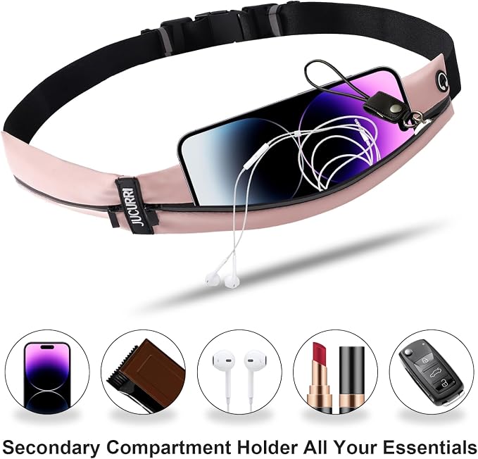 Slim Running Belt for Women and Men, Waterproof Phone Holder for Running, Reflective 2-Pocket Waist Pack for Storing Runner’s Essentials Safely, Runner’s Fanny Pack, Money Belt Fits Most Phones (Pink) - Image 3