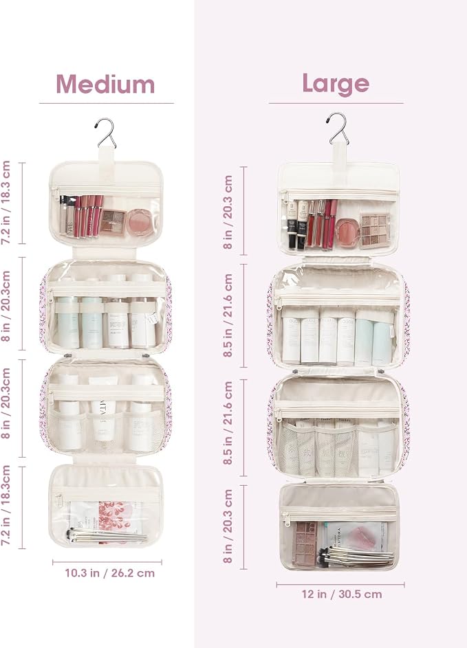 Narwey Travel Toiletry Bag for Women Large Hanging Makeup Bag Organizer Toiletries Bag for Full Size Essentials Accessories Cosmetics (Pink Flower (Large)) - Image 3
