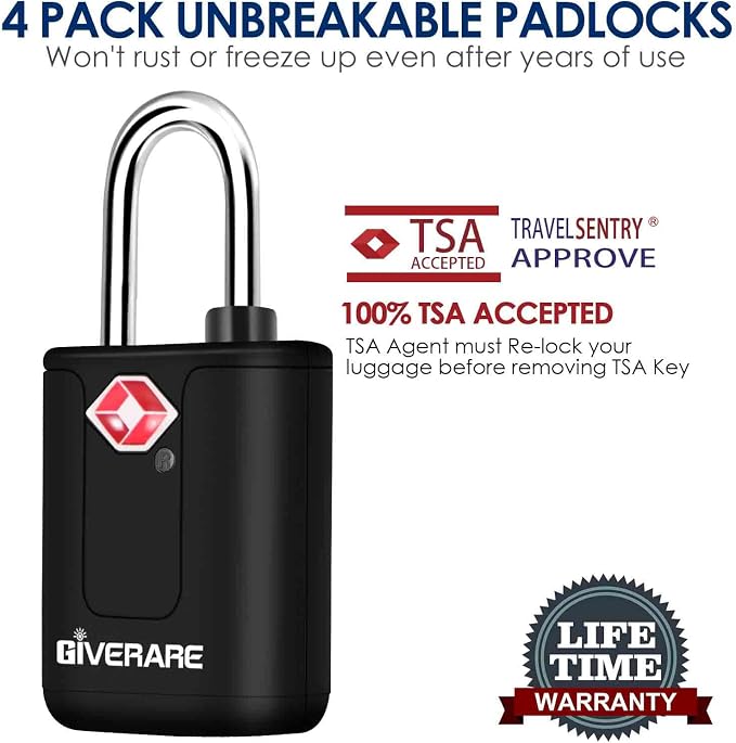 4 Pack TSA Approved Travel Luggage Locks with Keys, Keyed Suitcase Padlock, Zipper Small Locks, TSA Accepted Compatible Padlocks for Suitcase, Backpack, Gym Locker, Jewelry Box, Anti Theft-Black - Image 4