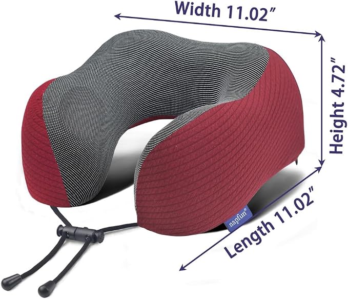 napfun Neck Pillow for Travel with Travel Pouch, Sleep Mask & Earplugs, Memory Foam Airplane Pillow for Headrest Sleep with Eyeshades, Plane Essentials with Eye Blindfold, Burgundy Striped Kit - Image 5