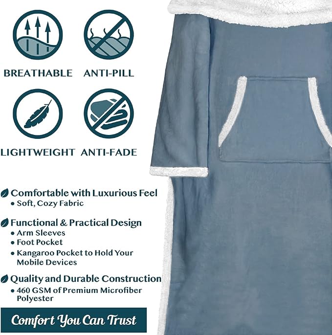 PAVILIA Sherpa Blanket with Sleeves, Foot Pocket for Women Men Adults, Thick Wearable Blanket Throw Wrap, Fleece Warm Snuggle Blanket Robe, Cozy Gift Ideas Wife Mom, Blue - Image 4