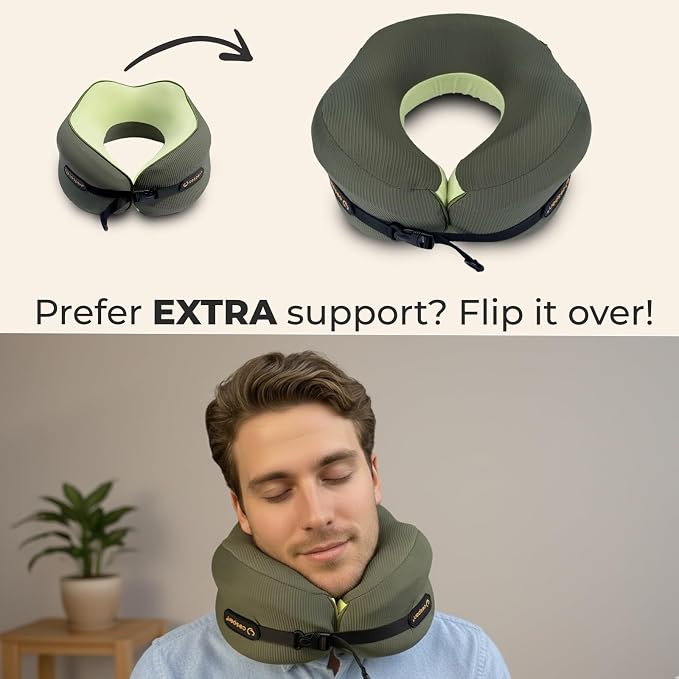 Cesperi® Ergonomic Travel Neck Pillow for Airplanes & Cars, Large | CertiPUR-US® Certified Memory Foam, Washable Cover, Travel Bag, Large Neck Fit, Neck Pillow for Flights (Avocado Green) - Image 6
