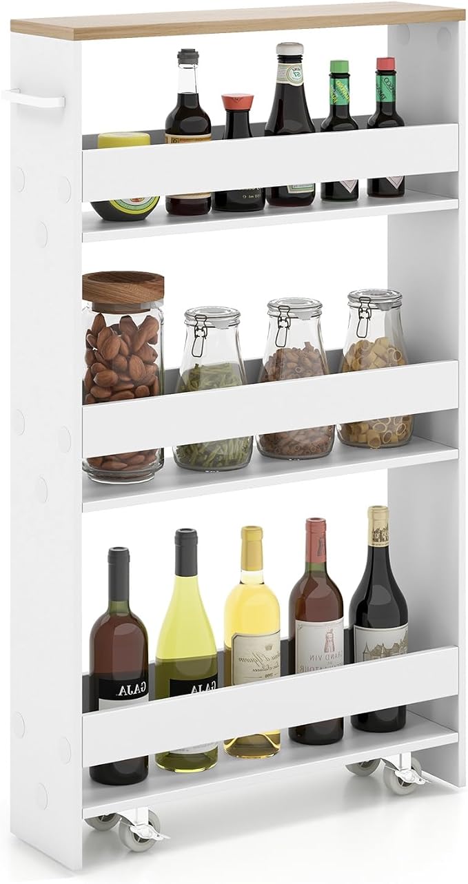 5”W Wooden Slim Rolling Storage Cart, 4 Tier Rolling Spice Rack with Handle, Cabinet Between Washer & Dryer, Slide Out Narrow Kitchen Cart for Kitchen Laundry Narrow Places by CLEEMAN