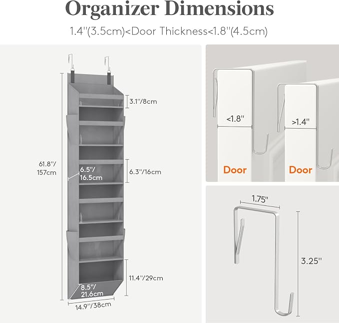 Lifewit 1 Pack Over the Door Organizer, 6 Section Clear Window Hanging Storage with 4 Side Pockets, Sturdy Anti Tilt 40 lbs Load Behind Door for Closet, Bedroom, Bathroom, Nursery, Dorm, Gray - Image 2