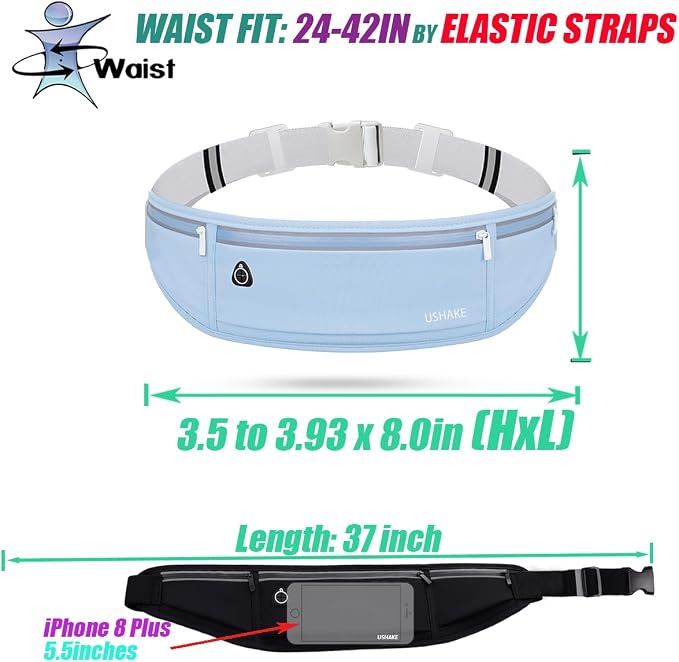 USHAKE Slim Running Belt, Workout Fanny Pack for Men Women,Exercise Waist Pack for Apple iPhone Holder, Runner Belt for Running Walking Cycling Camping Gym Light Blue - Image 4