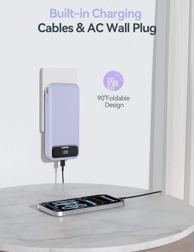 aonidi Portable Charger 20000mAh with Built-in Cables&AC Wall Plug, Purple | PD20W Fast Charging,Travel Essential,TSA Approved,LED Display,All in One USB C Power Bank for All Cell Phones Devices - Image 5