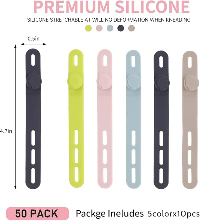 Oligei 50 Pcs Silicone Cable Ties, Cable Ties Reusable, High Elasticity Cord Wraps for Electrical Cords, Cord Organizer for Earphone, Phone Charger(Colorful) - Image 2