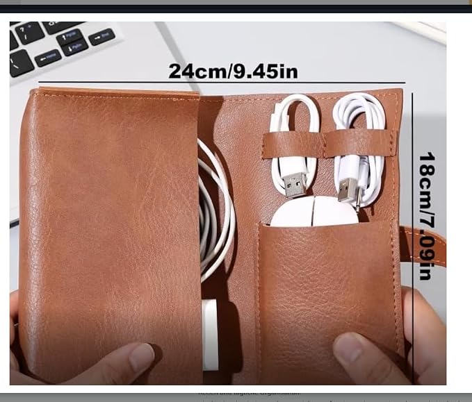 Vintage leather Electronic organizer travel case,cord keeper travel pounch, charger shortage for essentials mouse, adapter, cables,Cable Straps,Earbud case,wrap (Brown leather with band & Organizer) - Image 4