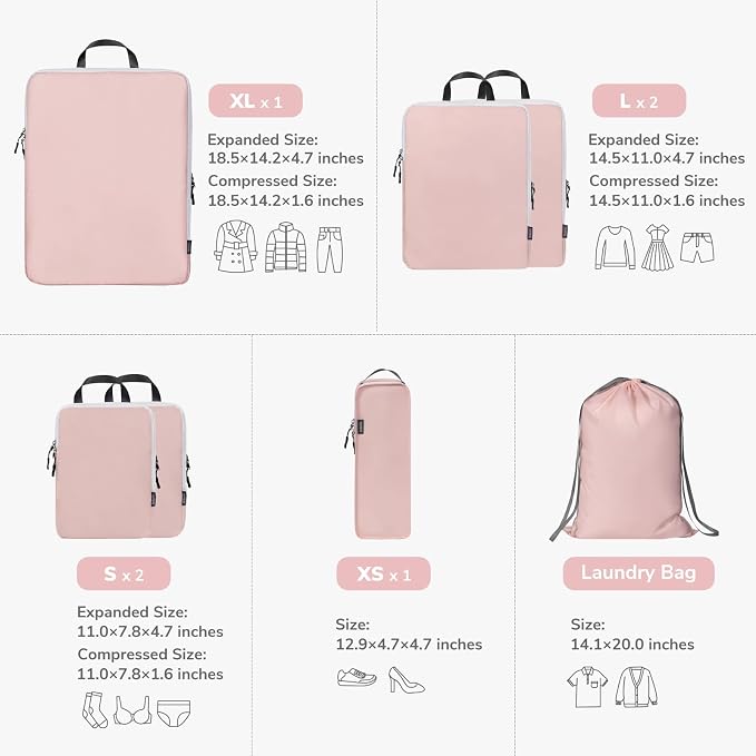 7 Set Compression Travel Packing Cubes, Travel Essentials, Pink | Travel Essentials for Suitcase, Luggage Organizer Bags for Travel with Shoe Bag,Packing Cubes for Travel Women - Image 2