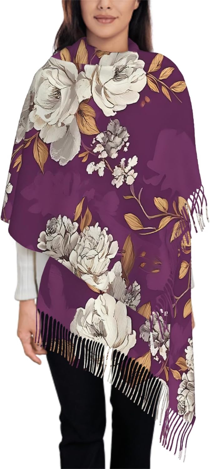 IBILIU Oversize Scarf for Women Floral Flower Purple Prune Color Scarf Tassel Scarves Fall Winter Shawl Wraps - 77.6 x 28.3in by IBILIU