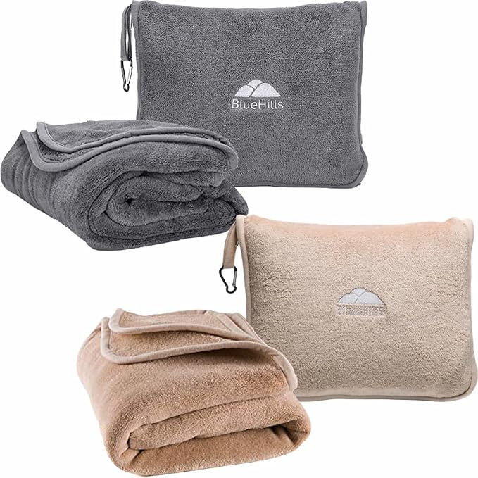 BlueHills Premium Soft Travel Blanket Pillow Value Pack Set of 2 - Airplane Flight Blanket Throw in Soft Bag with Luggage Belt Compact Pack Large Blanket for Travel Gray and Beige Color by BlueHills