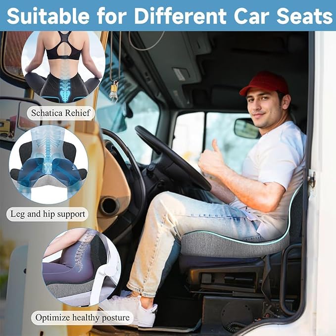 Memory Foam Seat Cushion for Truck Drivers, Office Chairs Ergonomic Seat Cushion for Back, Tailbone Sciatica Pain Relief, Pressure Relief Pad for Long Sitting, Car Seat Desk Chair Use (Gray) - Image 2