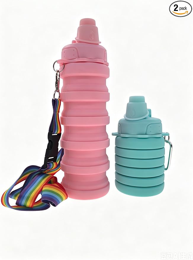 Silicone Collapsible Travel Water Bottles 17.6oz Green And Pink | Lightweight, Reusable, Leakproof, Foldable Portable by YCTMALL