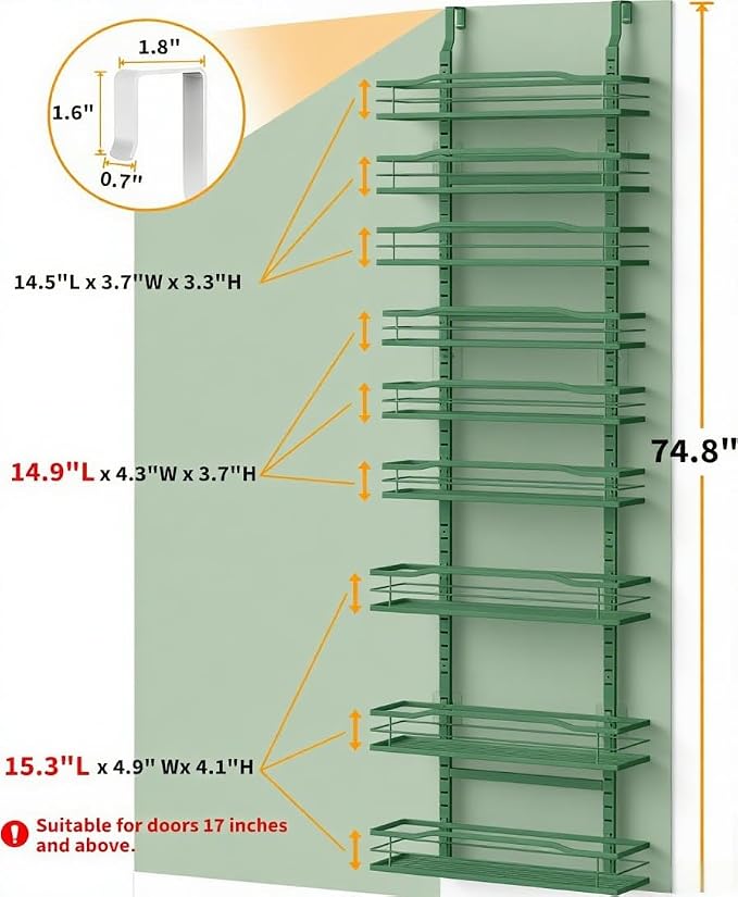 Moforoco Sage Green 9-Tier Over The Door Pantry Organizer, Pantry Organization and Storage, Black Hanging Basket Wall Spice Rack Seasoning Shelves - Image 2