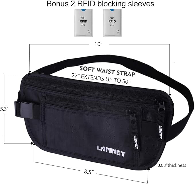 Money Belt for Travel, Slim RFID Blocking Women and Men hidden Travel Pouch Under Clothes, Passport Holder Protect Cash, Documents, Credit Card, Black, Bonus 2 RFID Sleeves - Image 6