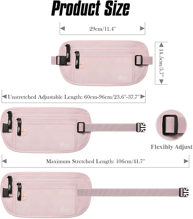 MoKo Travel Money Belt with RFID Blocking, Hidden Slim Wallet, Pink | Ultra-thin, breathable design fits discreetly under clothing; adjustable elastic belt fits 24-38 in waists. - Image 7