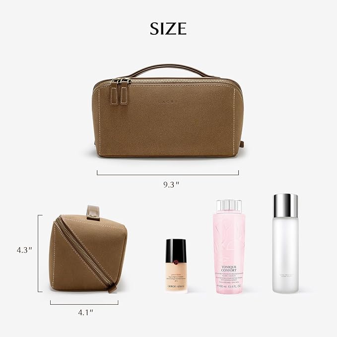 EACHY Travel Makeup Bag for Women, Faux Suede Cosmetic Bag, Khaki, Medium | Faux suede organizer with flat-open access, clear TPU brush pocket and carry handle for daily makeup, toiletries and travel - Image 5