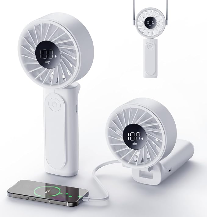 Peiyuu Handheld Portable Fan, 4000mAh USB Rechargeable Personal Fan, 180° Foldable Mini Desk Fan with 6 Wind Speed, LCD Digital Display, Lanyard as Neck Fan, Ultra Quiet by Peiyuu