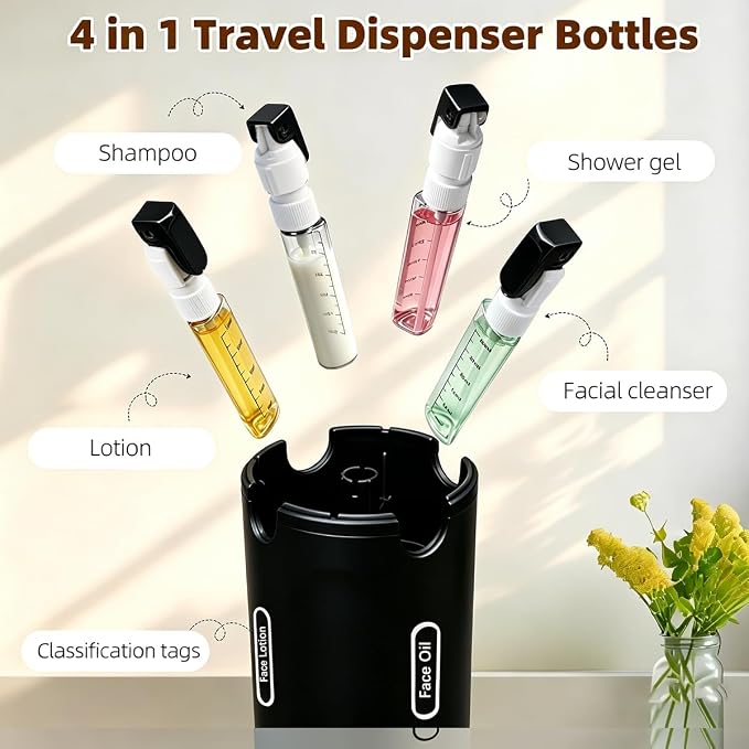4-in-1 Travel Dispenser Bottle,4 Pack 30ML Travel Bottles for Toiletries, Leak Proof Travel Size Containers (Black) - Image 4