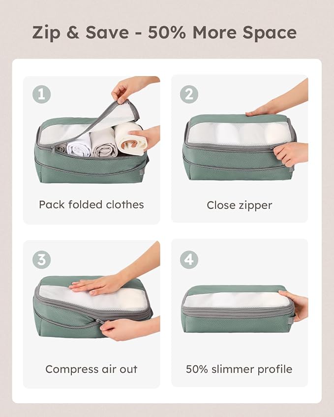 4 Set Compression Packing Cubes for Travel, Bonus Versatile Drawstring Backpack, Lightweight Luggage Organizer Bags, Sturdy Travel Accessories for Suitcase, Dark Green - Image 4