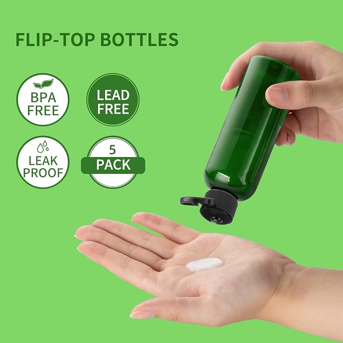 LISAPACK 3.4 oz Travel Bottles for Toiletries, Plastic Shampoo Containers | 5pcs small size dispenser, squeeze tubes, leak proof, small empty for liquid, lotion, conditioner, soap, 100 ml, TSA, green - Image 2