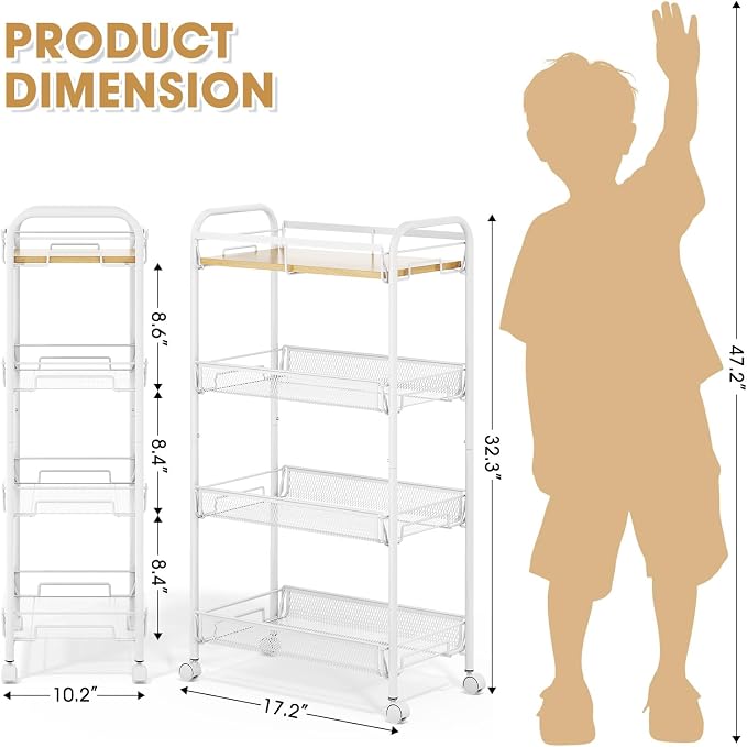 TOOLF 4-Tier Rolling Cart, Metal Utility Cart, Slide Out Storage Cart with Wooden Tabletop and Mesh Baskets, Easy Assemble Trolley for Kitchen Bathroom Laundry Room Bedroom Apartments Dormitory - Image 2