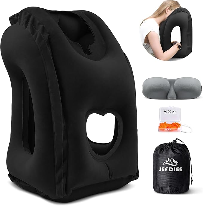 Inflatable Travel Pillow, Airplane Neck Pillow Comfortably Supports Head and Chin for Airplanes, Trains, Cars Office Napping on The Tray Table (Black) by JEFDIEE