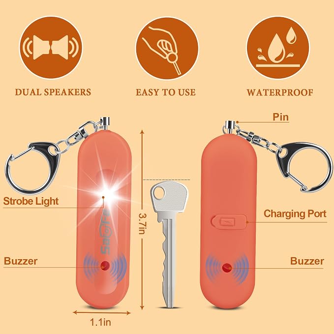 Personal Safety Alarm - Waterproof Rechargeable Security Alarm - 140dB Extra Loud Siren & Strobe Light - Self Defense Keychain - Gift for Women, Teenagers, College Girls, Seniors (Orange) - Image 3