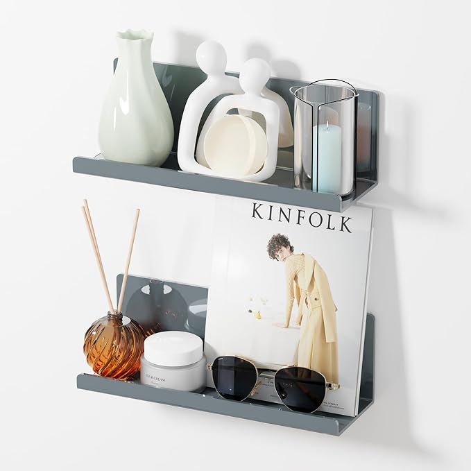 PAVSTINE Adhesive Floating Shelves for Wall No Drilling, 12 Inch Acrylic Self Adhesive Shelves, Stick on Shelves, Dorm Wall Shelf, for Bathroom, Kitchen, Bedroom, Office, Gaming Room, Gray by PAVSTINE