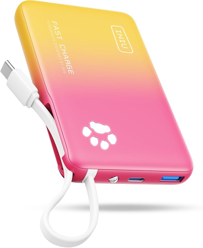 INIU 45W Fast Charging Tablet Portable Charger, Smaller 10000mAh Power Bank | Flight-Safe, Built-in USB C Cable, Flashlight, Battery Phone Pack for Tablet, iPad, iPhone 17 16, Samsung S26 etc, Pink by INIU