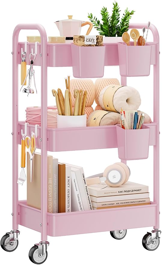 3 Tier Rolling Cart, Heavy Duty Metal Utility Cart with Wheel Pink | Sturdy Rolling Storage Cart With Hooks & Hanging Cups, Great For Craft, Art Workspace, Kitchen ,Snack And Office Storage by YASONIC