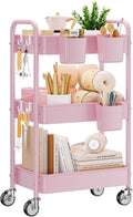 3 Tier Rolling Cart, Heavy Duty Metal Utility Cart with Wheel Pink | Sturdy Rolling Storage Cart With Hooks & Hanging Cups, Great For Craft, Art Workspace, Kitchen ,Snack And Office Storage by YASONIC