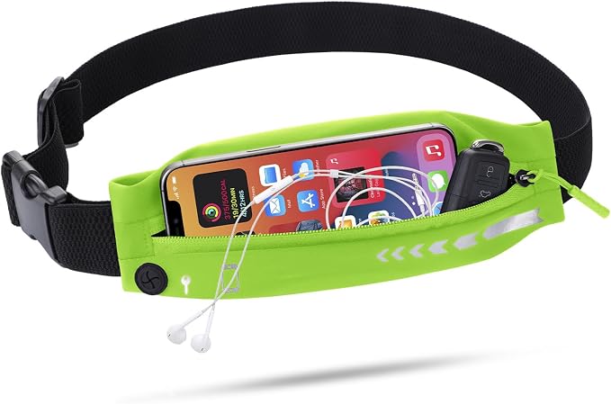 USHAKE Slim Running Belt for Women Men-Runners Phone Holder Fanny Pack, Adjustable, Bounce Free Waist Pouch bag for Workout, Money Belt, Run Gear Accessories Neo Green by USHAKE