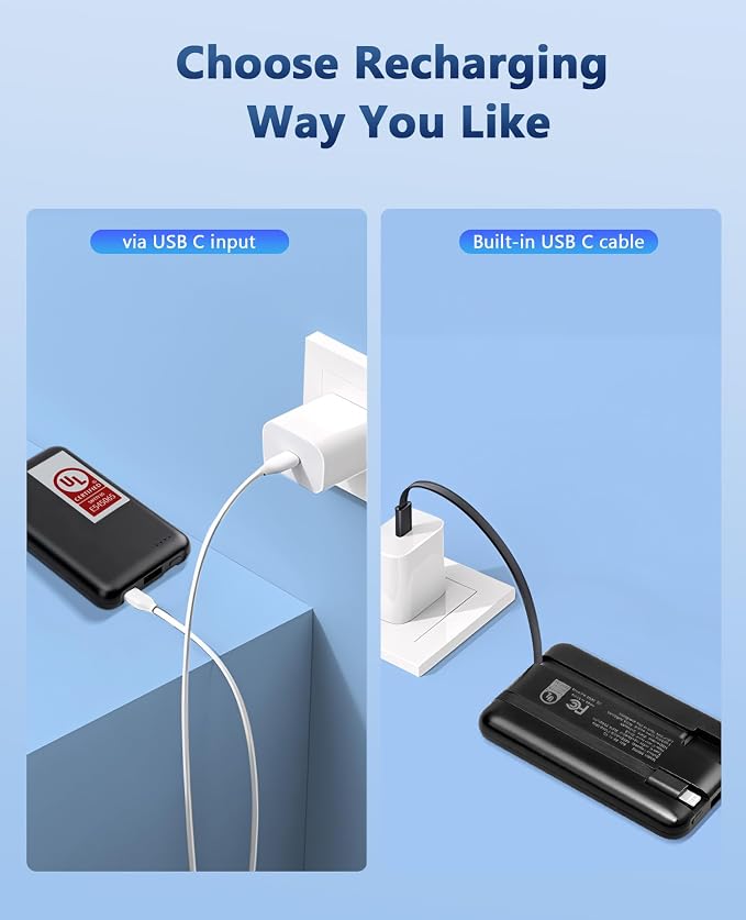 Miady UL Listed 2-Pack Small Portable Charger 5000mAh Power Bank for Travel | 18.5Wh丨Built-in 2 Cables丨3 Outputs 2 Inputs丨Compatible with iPhone Android etc丨Flight-Safe丨for Backpack Campingl丨Blue+Pink - Image 4