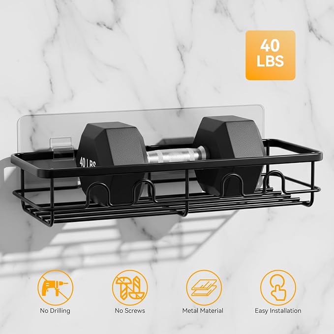 Adhesive Shower Caddy, Large Capacity Shower Racks for Inside Shower, No Drill Bathroom Shower Organizer and Storage, 2 Pack Black Bathroom Shelves, Home Decor Rv Accessories, Apartment - Image 6