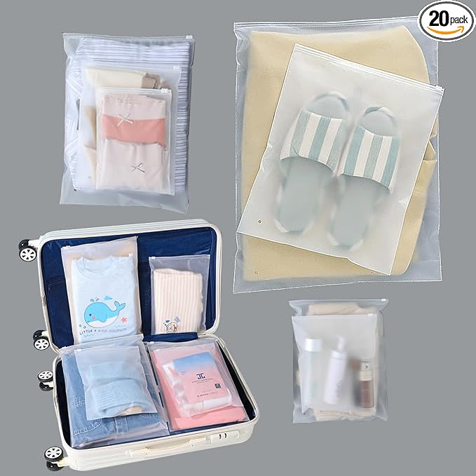 (20 pcs, 4 Sizes) Travel Luggage Organizer Bags, 4 Mil Slider Zip Plastic Clothing Packaging Bags, Travel/Home Storage and organizing pouches, Space Saver Bag (6''x9''-14‘’x18'') by BEUYIwarehouse