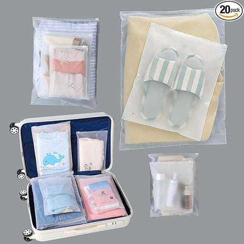 (20 pcs, 4 Sizes) Travel Luggage Organizer Bags, 4 Mil Slider Zip Plastic Clothing Packaging Bags, Travel/Home Storage and organizing pouches, Space Saver Bag (6''x9''-14‘’x18'') by BEUYIwarehouse