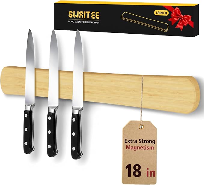 Magnetic Knife Holder, 18 Inch Bamboo Wood Knife Strip for Wall or Fridge | Fridge Magnetic or Screw-Mounted, Strong Magnet Secures Knives, Space-Saving, Kitchen Knife Storage, Housewarming Gift by SWAITEE